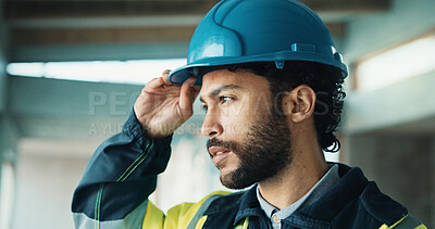 Buy stock photo Thinking, man and construction worker on site with ideas, memory or planning for building. Inspection, architecture and civil engineer with decision or choice on maintenance, repairs or renovation.