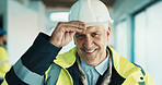 Happy, man and portrait of construction worker on site with confidence for building repair. Smile, manager and mature civil engineer with pride for maintenance, renovation or remodeling with about us
