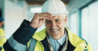 Buy stock photo Happy, man and portrait of construction worker on site with confidence for building repair. Smile, manager and mature civil engineer with pride for maintenance, renovation or remodeling with about us