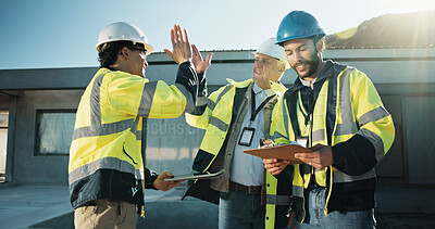 Buy stock photo High five, construction and clipboard with people outdoor for building, inspection or expansion. Architecture, infrastructure engineer or agreement with contractor for property. success or renovation