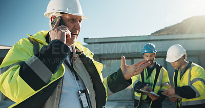 Buy stock photo Construction, review or supervisor outdoor with phone call, site briefing or progress track in chat. Contact, lead or engineer with tech, operation feedback or coordination in digital communication.