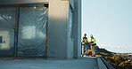 Team, construction and clipboard with people outdoor for building, inspection or expansion. Architecture, infrastructure engineer and checklist with contractor for property developer and renovation