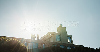 Buy stock photo Team, construction and space with people outdoor for building, inspection or expansion. Architecture, infrastructure engineer and checklist with contractor for property developer and renovation