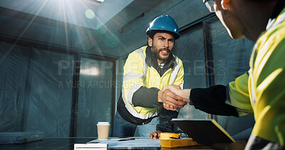 Buy stock photo Team, construction and Handshake with people outdoor for building, inspection or expansion. Architect, infrastructure engineer and shaking hands with contractor for property developer and renovation