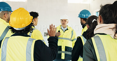 Buy stock photo Team, construction and question with people in meeting for building, inspection or expansion. Architecture, infrastructure engineer and advice with contractor for property developer and renovation