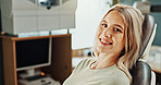 Smile, healthcare and woman at dentist office for teeth wellness, oral hygiene and dental care. Orthodontics patient, chair or happy person with portrait, medical endodontics or cavity prevention