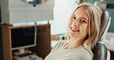 Buy stock photo Smile, healthcare and woman at dentist office for teeth wellness, oral hygiene and dental care. Orthodontics patient, chair or happy person with portrait, medical endodontics or cavity prevention