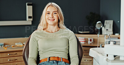 Buy stock photo Smile, dental health or woman on chair for teeth wellness, oral hygiene or mouth care in clinic. Orthodontics patient, portrait or happy person with shine, medical endodontics or cavity prevention
