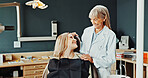 Woman, clinic and happy patient with dentist for dental hygiene, treatment or appointment. Female person, orthodontist or smile on chair for teeth whitening, cleaning or oral healthcare in dentistry