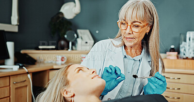 Buy stock photo Consultation, dentist and woman in clinic for teeth cleaning, extraction or dental health. Medical checkup, oral hygiene and orthodontist with patient for root canal or whitening treatment in office.