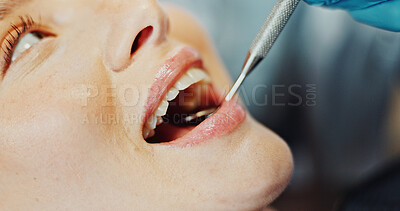 Buy stock photo Dentist, clinic and woman in chair with mirror for teeth cleaning, oral health and medical service. Healthcare, consulting and dental tools with patient for mouth hygiene, appointment and wellness