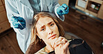 Scared, patient and woman with dentist in office, dental hygiene and anxious for medical procedure. Clinic, portrait and person with stress for teeth exam, above and checkup for oral care and health