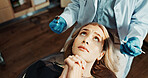 Woman, dentist and praying with fear in clinic for dental procedure, treatment or surgery. Top view, scared or nervous female person with orthodontist, tools or phobia for dentistry or operation