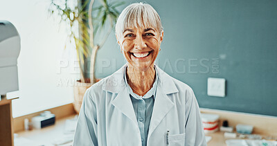 Buy stock photo Dentist, portrait and happy in clinic for oral care, healthcare services and about us in practice. Professional, mature woman and smile in dental office for dentistry expertise, orthodontics or pride