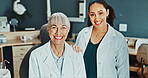 Healthcare, women and dentist with nurse in portrait for teamwork, collaboration and support in clinic. Dental care, female people or assistant in exam room for orthodontist, checkup or procedure