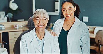 Buy stock photo Healthcare, women and dentist with nurse in portrait for teamwork, collaboration and support in clinic. Dental care, female people or assistant in exam room for orthodontist, checkup or procedure