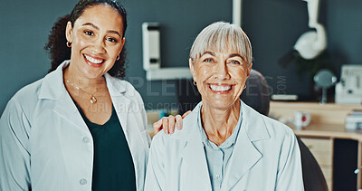 Buy stock photo Dental clinic, women and dentist with nurse in portrait for teamwork, collaboration and support in office. Healthcare, female people or assistant in exam room for orthodontist, checkup or procedure