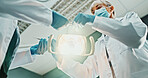 POV, team and light with tools for dental procedure, extraction service or periodontal treatment. Dentist, mature woman and assistant in clinic for oral checkup, root canal and low angle under lamp