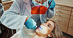 Consulting, face mask and dentist with woman in clinic for teeth cleaning, oral health and medical service. Healthcare, patient and orthodontist with protection for dental care, hygiene and cavity