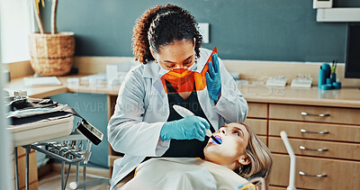 Buy stock photo Consulting, clinic and dentist with woman and tools for teeth cleaning, oral hygiene and medical service. Healthcare, patient and orthodontist with face mask for dental care, appointment and wellness