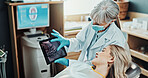 Patient, consultation and dentist with tablet screen in office, dental health and explain diagnosis. Oral care, teeth exam and medical professional with tech, treatment plan and happy woman in clinic