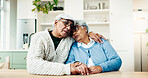 Hug, comfort and support with old couple in home for bonding, empathy and marriage connection. Consoling, kindness and trust with senior man and woman in house for love, loyalty and compassion