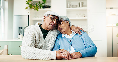 Buy stock photo Hug, comfort and support with old couple in home for bonding, empathy and marriage connection. Consoling, kindness and trust with senior man and woman in house for love, loyalty and compassion