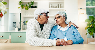 Buy stock photo Talk, comfort and support with old couple in home for bonding, empathy and marriage connection. Consoling, kindness and trust with senior man and woman in house for love, loyalty and compassion