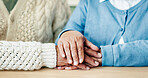 Holding hands, comfort and support with old couple in home for bonding, empathy and marriage connection. Consoling, kindness and trust with senior man and woman in house for love and loyalty