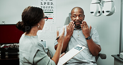 Buy stock photo Optometry, clipboard and man in clinic consulting for sight, vision and results for eye exam. Healthcare, talking and optician with patient for checkup, medical report and ophthalmology appointment