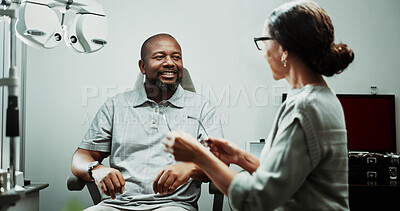 Buy stock photo Optometry, happy and man in clinic consulting for eye exam, test vision and eyesight for frames. Healthcare, glasses and optician with patient for checkup, service and ophthalmology appointment