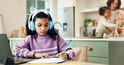 Buy stock photo Child, laptop and writing with headphones for homework, elearning course or assessment in home. Girl, kid or student with computer or assignment for distance learning, education or growth in house