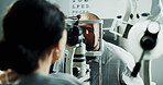 Optometry, man or slit lamp for eye exam, cornea infection or diagnostic for ocular health. Vision, optometrist or mature patient with light in clinic for glaucoma test, iris inspection or healthcare