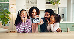 Pregnancy, photograph and video call with family in home for support, announcement and streaming pov. Baby update, social media and excited with parents and children in house for portrait and news
