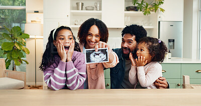 Buy stock photo Pregnancy, photograph and video call with family in home for support, announcement and streaming pov. Baby update, social media and excited with parents and children in house for portrait and news