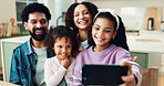 Family, happy and children with selfie in home for photography, memory or weekend together. Mom, dad and kids with smile, picture or capture moment for bonding, holiday or social media post in house