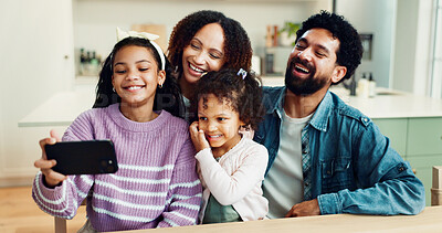 Buy stock photo Family, happy and relax with selfie in home for photography, holiday memory or weekend together. Mom, dad and kids with smile, picture or capture moment for bonding or social media post in house