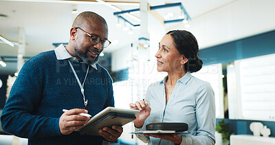 Buy stock photo Optometry, tablet and talk with people in store for  consulting, glasses advice and discussion. Lens fitting, online prescription and eye care with client and optometrist in clinic for ophthalmology
