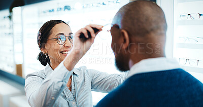 Buy stock photo Woman, customer and optometrist with glasses in store for eye test or frame recommendation. Man, female person or optometry with smile, spectacles or lens for vision, sight or assistance in shop