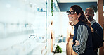 Glasses, frame and optometry with woman in store for prescription, eye care or spectacle option. Space, ophthalmology and lens choice with mature person in clinic for vision health and optical