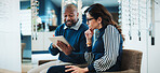 Optician, woman and tablet in store for consulting, digital lookbook and advice on lens upgrade. Optometry, mature customer or shop assistant with tech for frame planning, vision care plan or pricing