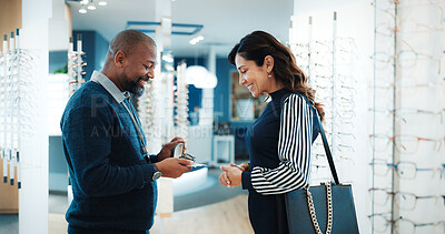Buy stock photo Businessman, optometrist and customer with glasses in store for recommendation or suggestion. Man, sales representative or optometry shop with spectacles or case for client vision, sight or choice