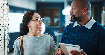 Buy stock photo Optometry, tablet and consulting with people in store for  help, glasses advice and discussion. Lens fitting, online prescription and eye care with client and optometrist in clinic for ophthalmology