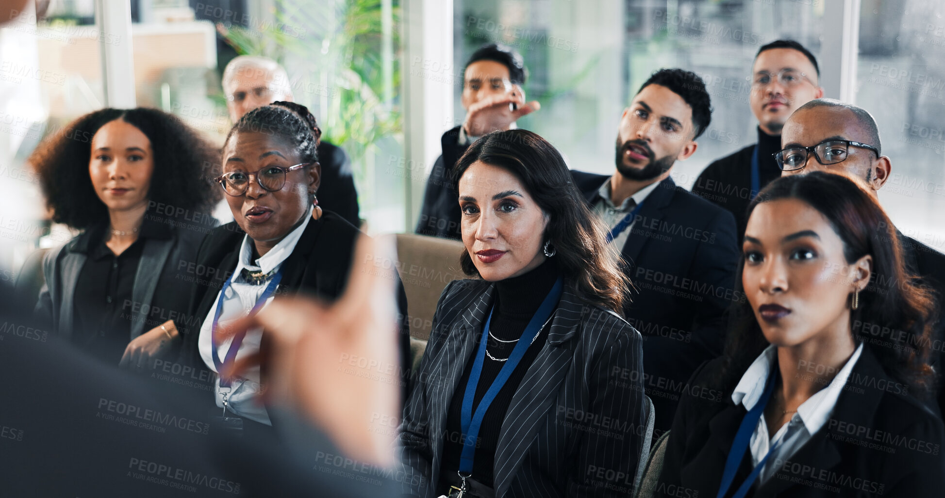 Buy stock photo Business, training or people in office with attention, learning or presentation in budget review. Meeting, crowd or finance advisor with insight, target coaching or engagement in corporate literacy.
