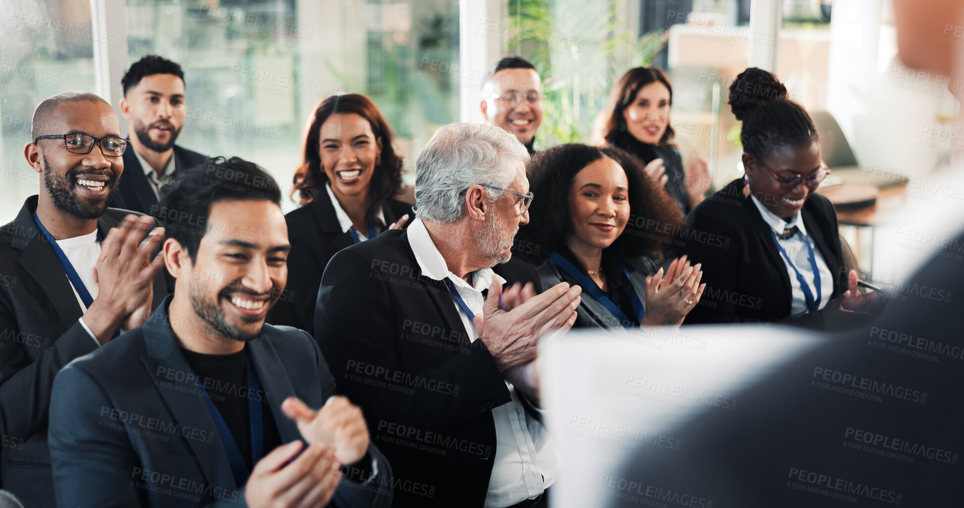 Buy stock photo Success, crowd or people at event with clap, achievement and celebration for company growth. Happy, victory and employees with conference, audience applause and motivation for business milestone.