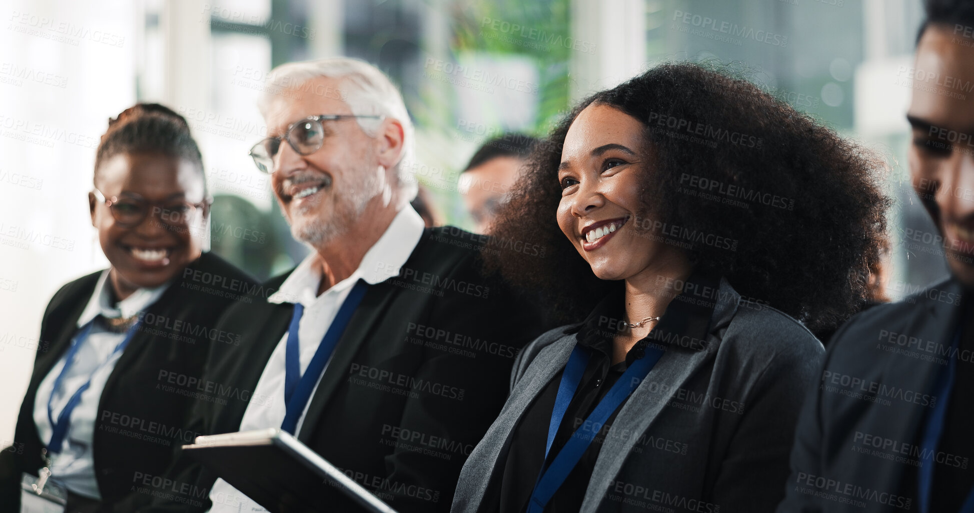 Buy stock photo Woman, tablet or audience in conference for business, upskill workshop or smile for feedback. Employee, crowd or tech in seminar for company training, group engagement or happy for career development
