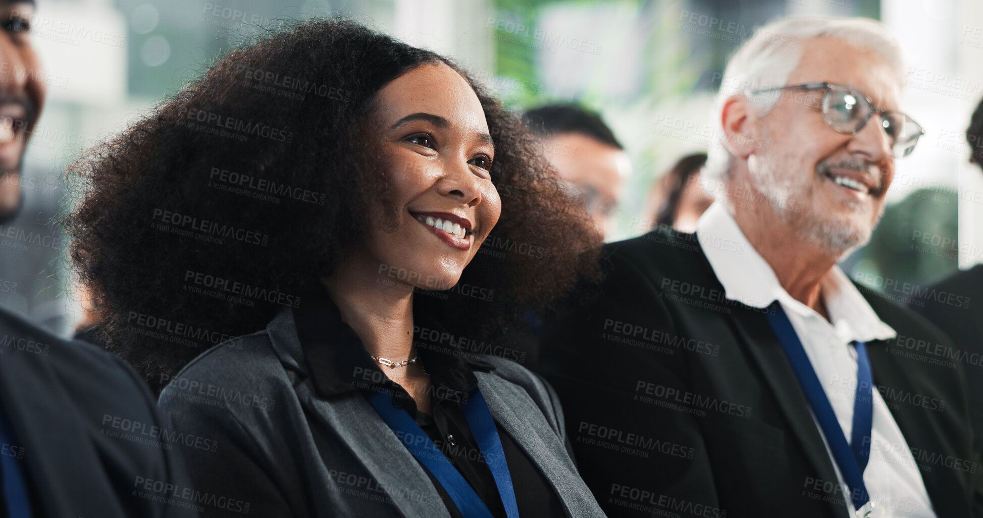 Buy stock photo Woman, smile or audience in conference for business, career development or finance course. Employee, crowd or attention in seminar for company training, financial advice or happy for upskill workshop