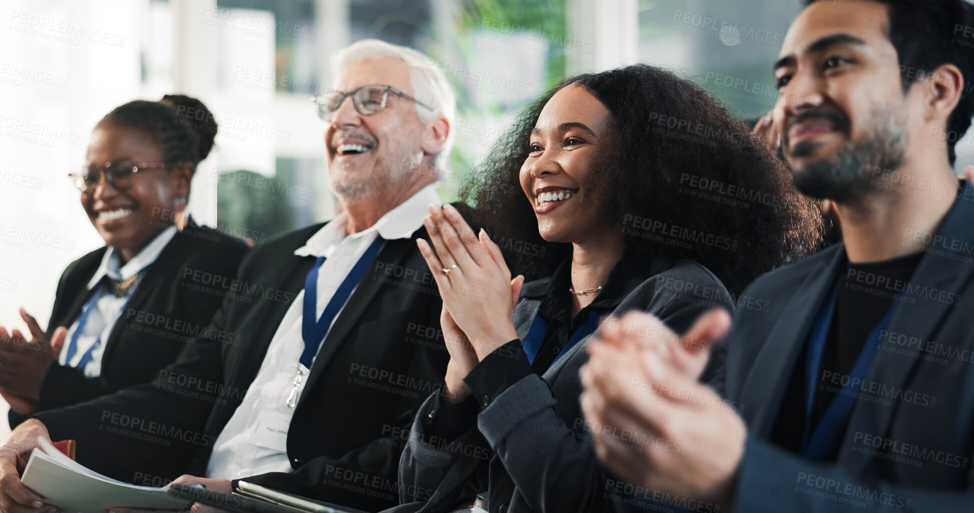 Buy stock photo Success, happy or crowd at seminar with clap, achievement and celebration for company growth. Smile, man and woman at conference with victory, audience applause and motivation for business milestone.