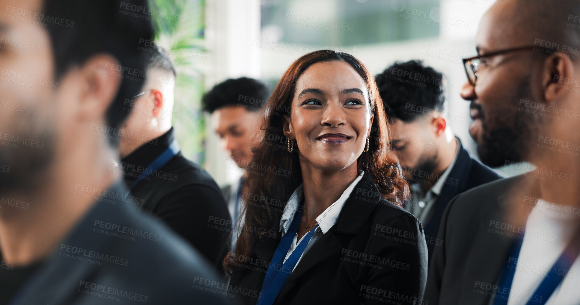 Buy stock photo Woman, smile and audience in conference for business, upskill workshop and finance course. Employee, crowd and  people at seminar for financial training, happy coworkers and career development