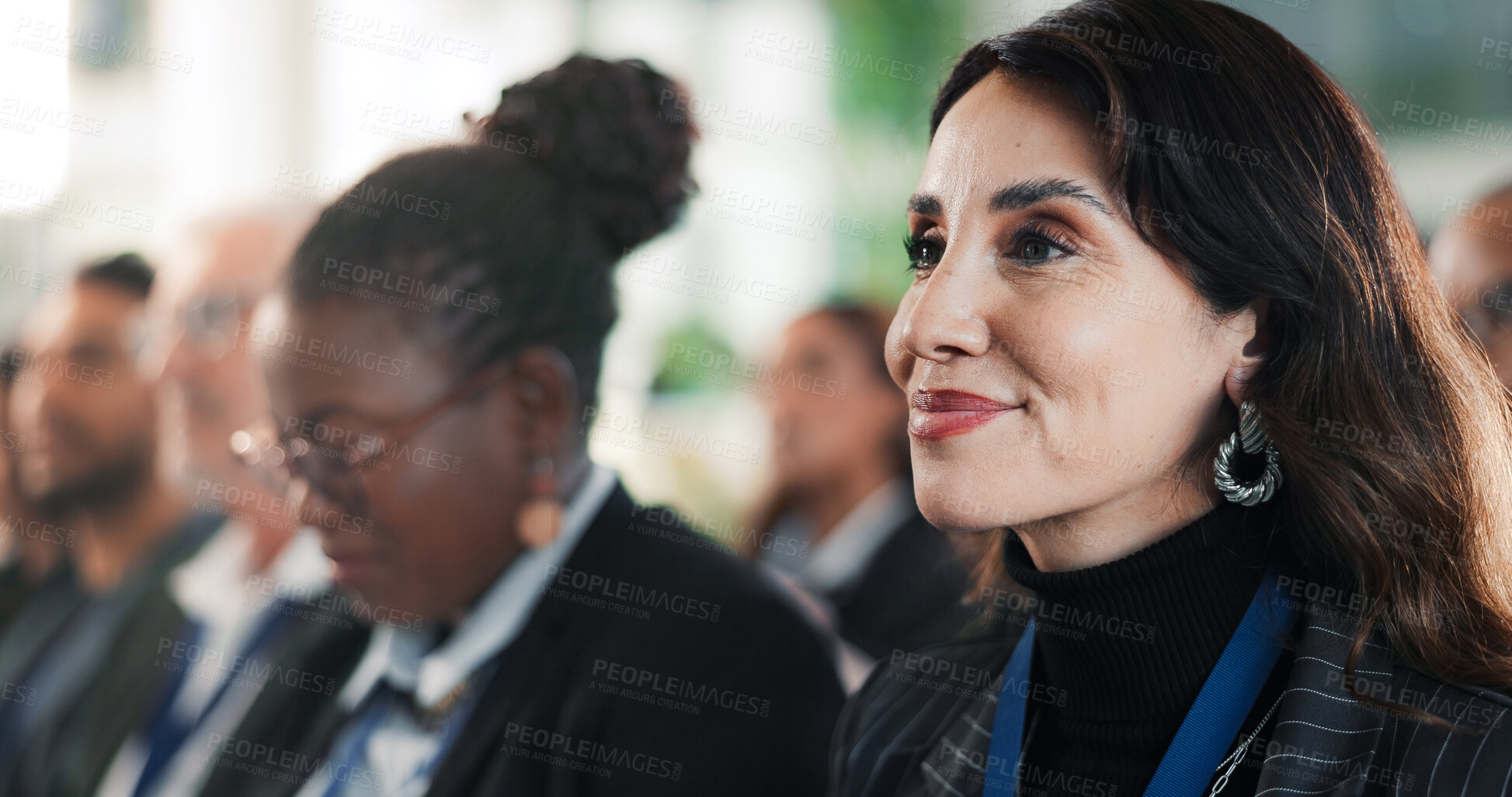 Buy stock photo Presentation, crowd or woman at seminar with training, attention or budget review at conference. Happy, mature finance advisor or audience with learning, goal setting or engagement at corporate event